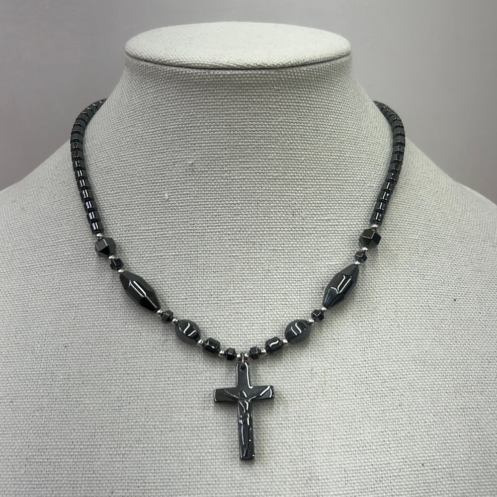 Hematite Necklace with hematite cross 18”